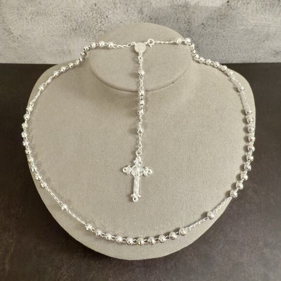 20in Long Rosary Beads Necklace Solid 925 Sterling Silver ITALY 4.8mm-NEW - Picture 8 of 13
